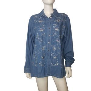 Koret City Blues Denim Chambray Button Down Embroidered and Beaded Shirt Large